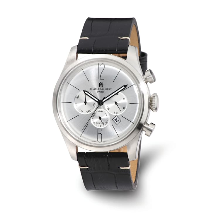 Charles Hubert Men's Stainless Steel Leather Band 46mm Dual Time Watch
