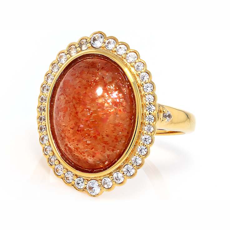 Orange Sunstone Oval And White Zircon Ring In 18K Gold Over Sterling
Silver 0.46ctw