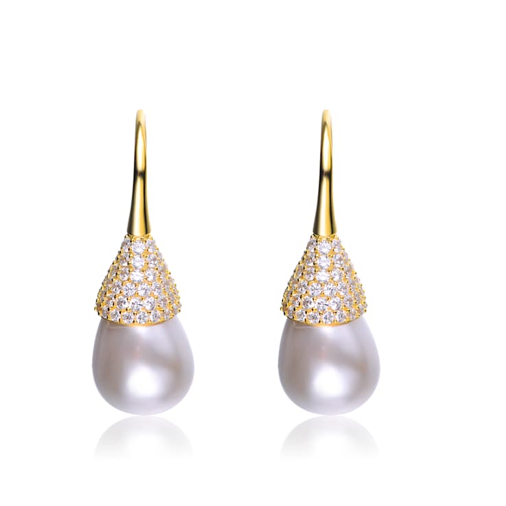 Pear Shape CZ And Pearl Drop Earrings In 14K Gold Over Sterling Silver