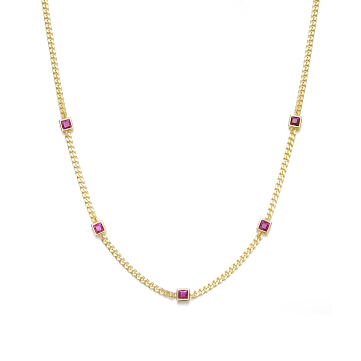 Ruby Color CZ Station Necklace In 14K Gold Over Brass