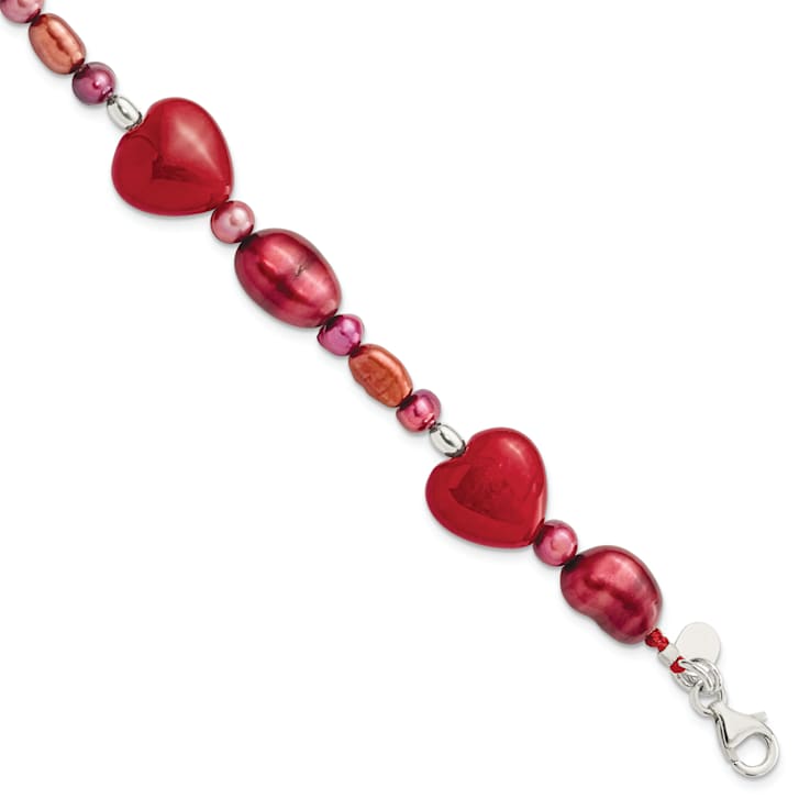 Sterling Silver Red Jade Hearts/Freshwater Cultured Pearl Bracelet