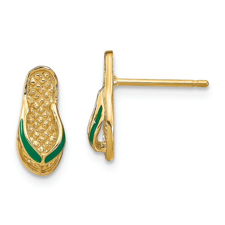 14K Yellow Gold 3D Textured and Green Enamel Flip-Flop Earrings