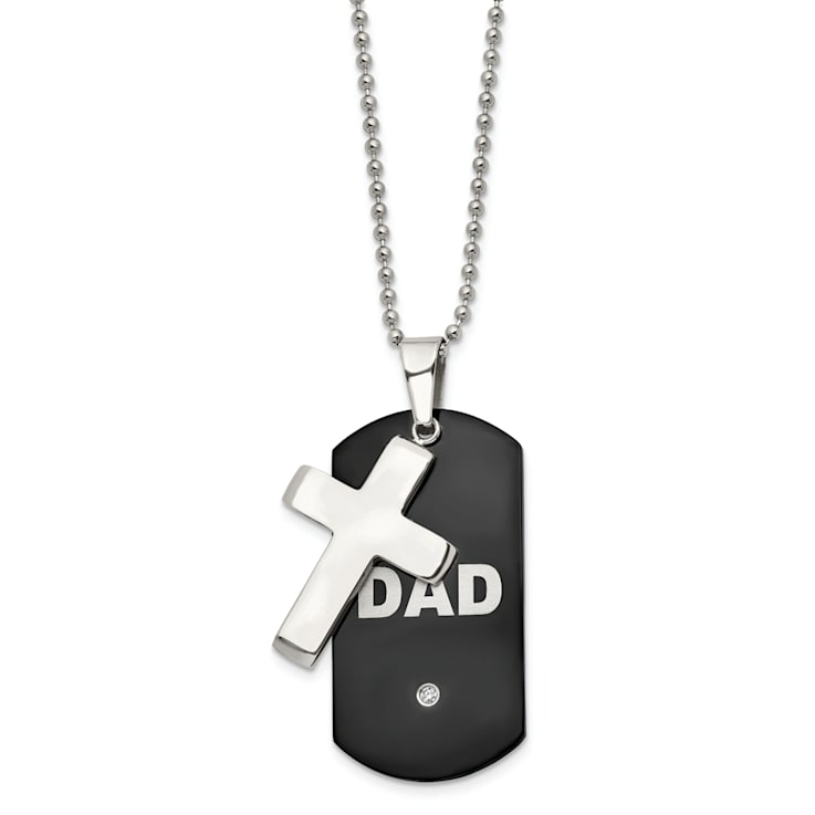 White Cubic Zirconia Stainless Steel Black IP-plated Men's Dog Tag Cross
Pendant With Chain