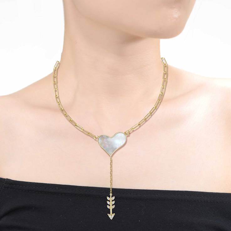 CZ And Mother-Of-Pearl Heart And Arrow Y-Necklace In 14K Gold Over
Sterling Silver