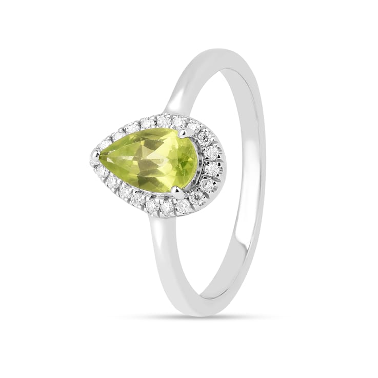 Pear Shape Peridot with Moissanite Accents Rhodium Over Sterling Silver Ring