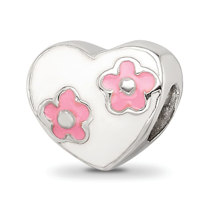 Sterling Silver Enameled Heart with Pink Flowers Bead