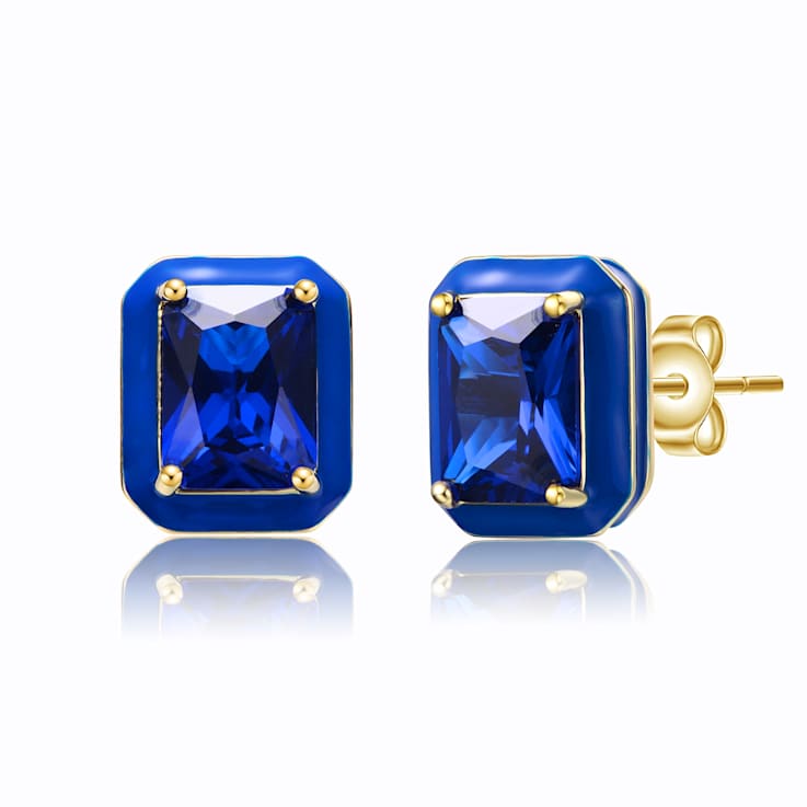 Sapphire Color CZ Radiant-Cut Stud Earrings In 14K Gold Over Brass