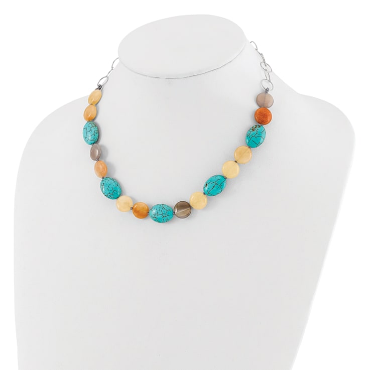 Sterling Silver Freshwater Pearl, Jadeite, Reconstructed Magnesite,
Chalcedony Necklace