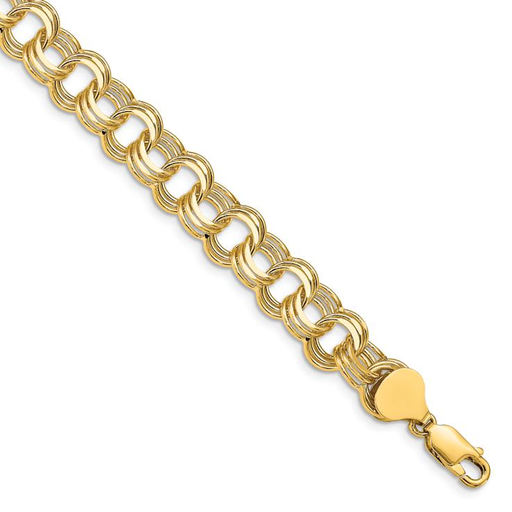 14k Yellow Gold 9mm Diamond-Cut Triple Link Charm Bracelet