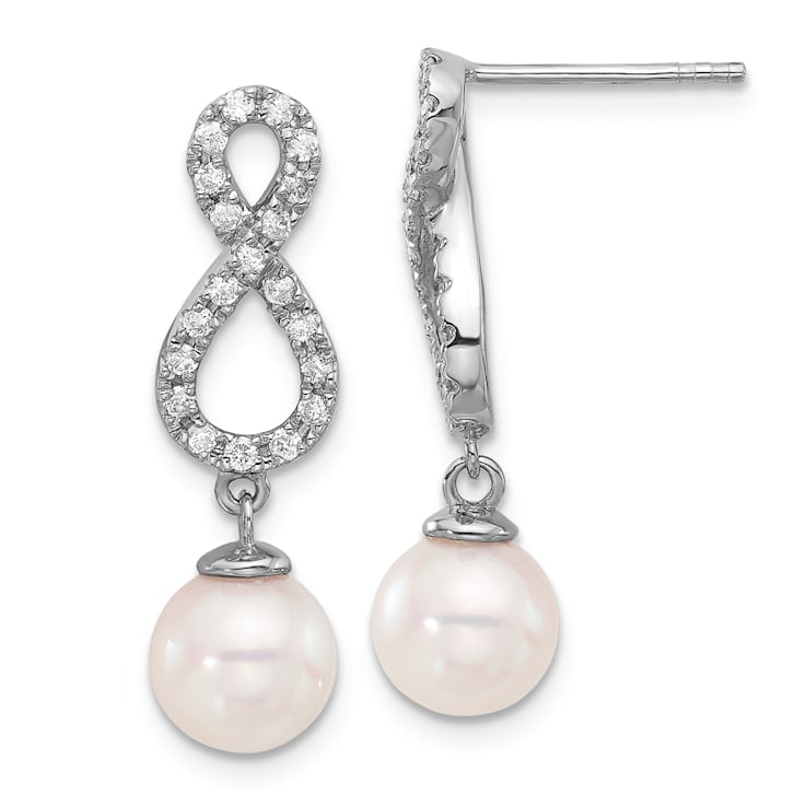 Rhodium Over 14K White Gold 7-8mm White Akoya Cultured Pearl and 0.40ctw
Diamond Post Earrings