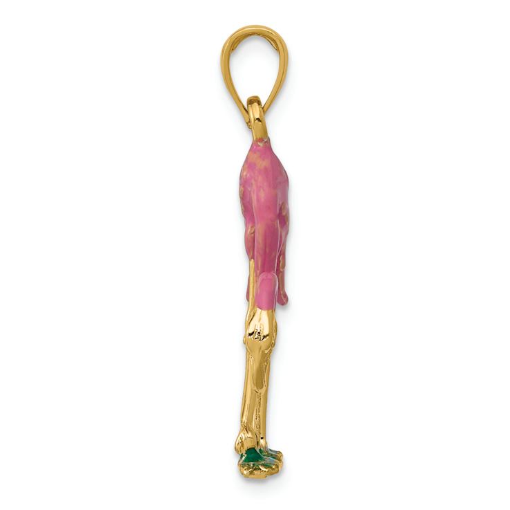 14k Yellow Gold Multi-color Enameled 3D Pink Flamingo Pendant