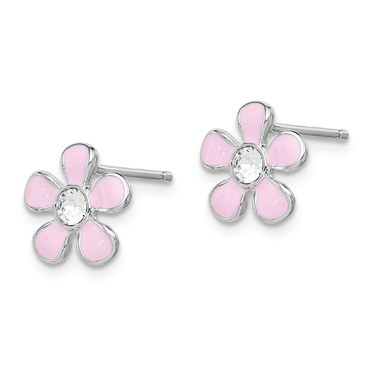 Rhodium Over Sterling Silver Pink Enamel/Crystal Flower Post Earrings