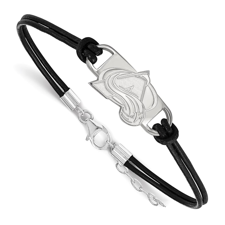 Rhodium Over Sterling Silver NHL LogoArt Colorado Avalanche Leather Bracelet