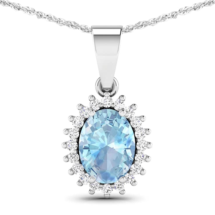 1.05ctw 14K White Gold Oval Aquamarine and White Diamond Pendant with 18
inch Cable Chain
