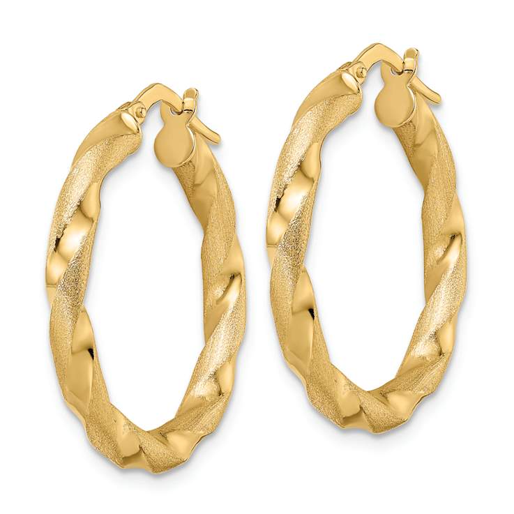 14k Yellow Gold 1 1/16" Brushed and Polished Twisted Hoop Earrings