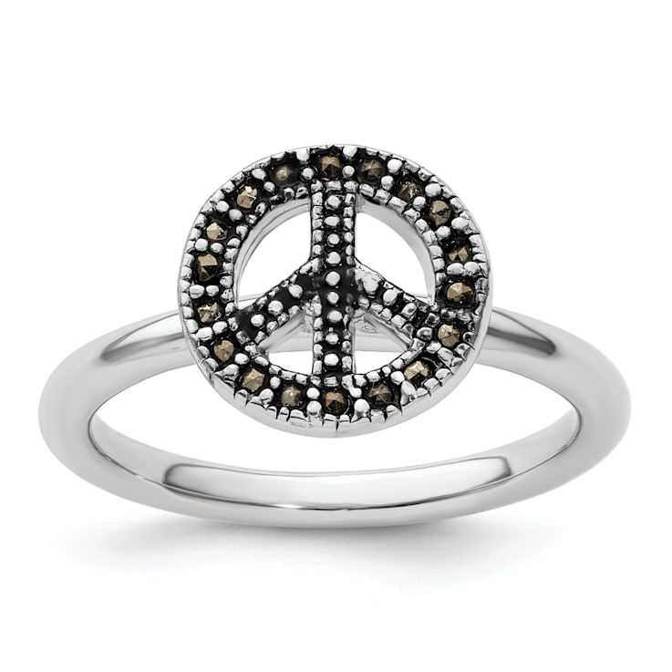 Rhodium Over Sterling Silver Stackable Expressions Marcasite Peace Sign Ring