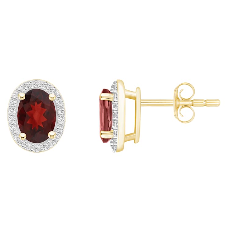 7x5mm Oval Garnet And Created White Sapphire 10k Yellow Gold Halo Stud Earrings