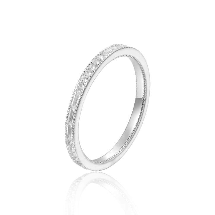 Baguette and Round White Topaz Sterling Silver Milgrain Detail Eternity
Band Ring, 0.84ctw