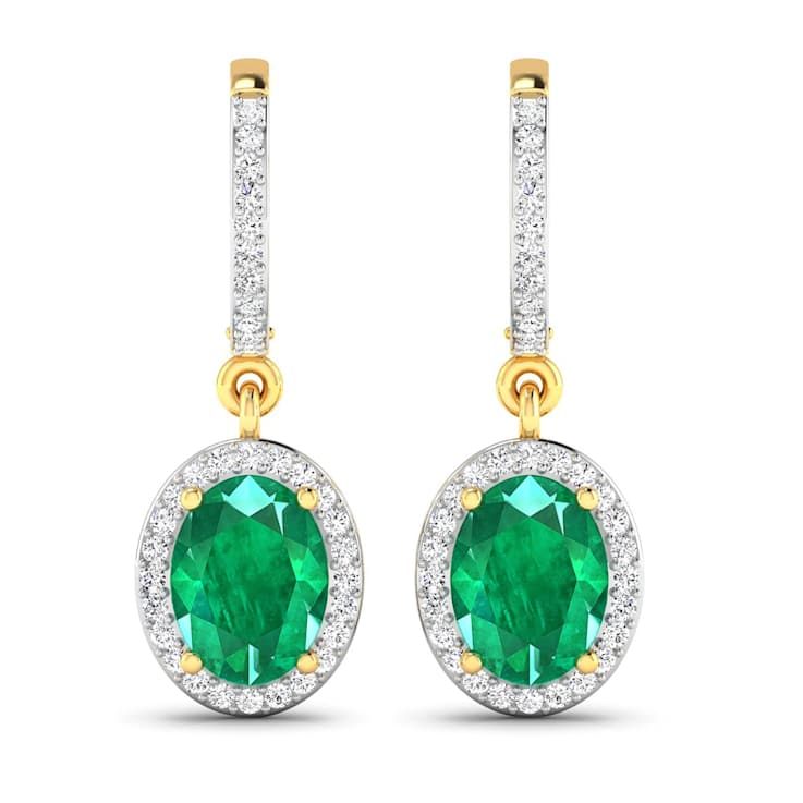 2.0ctw 14K Yellow Gold  Zambian Green Emerald and White Diamond Halo Earrings
