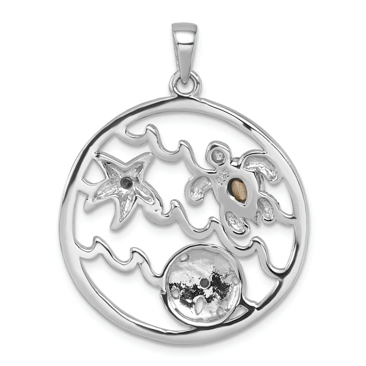 Rhodium Over Sterling Silver Antiqued Round Crystal Sealife Pendant