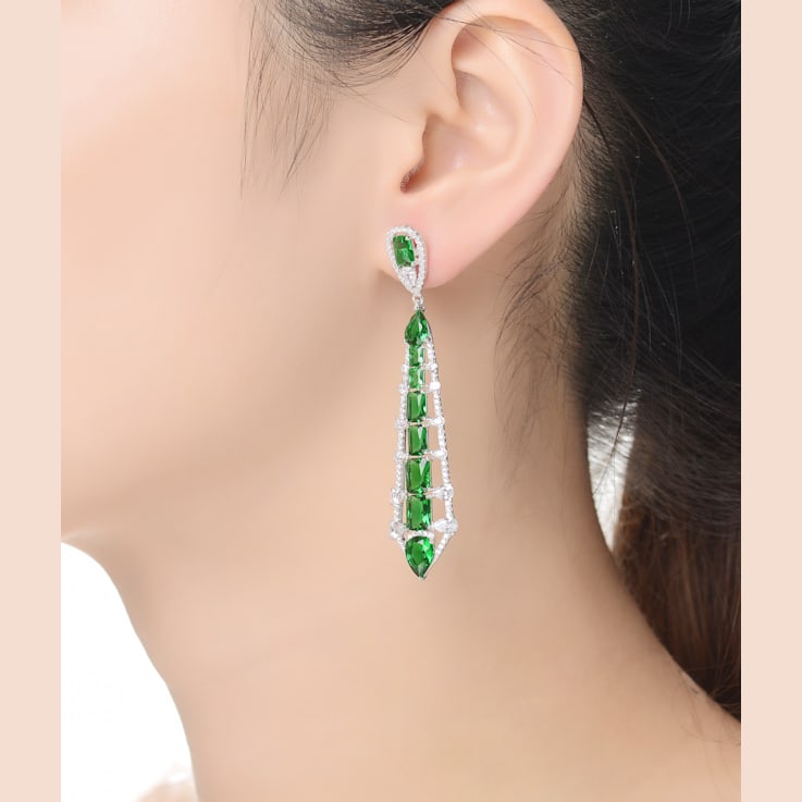 Green Cubic Zirconia, Rhodium Over Sterling Silver Ladder Style Dangle Earrings