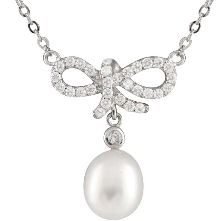 Cultured Freshwater Pearl and CZ Bow Necklace in Sterling Silver