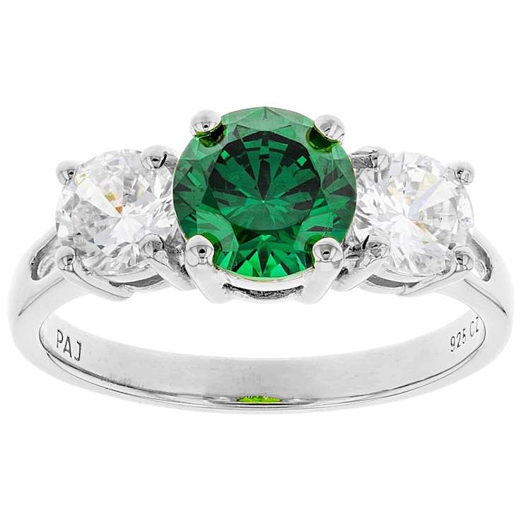 Green And White CZ 3-Stone Ring In Sterling Silver