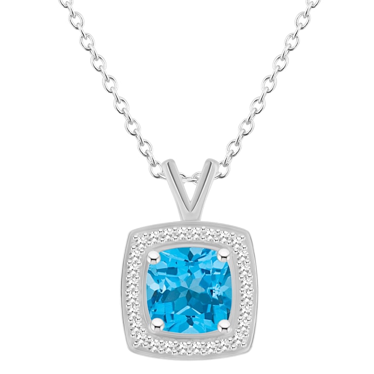 7mm Cushion Blue Topaz 1/7 ctw Diamond Rhodium Over Sterling