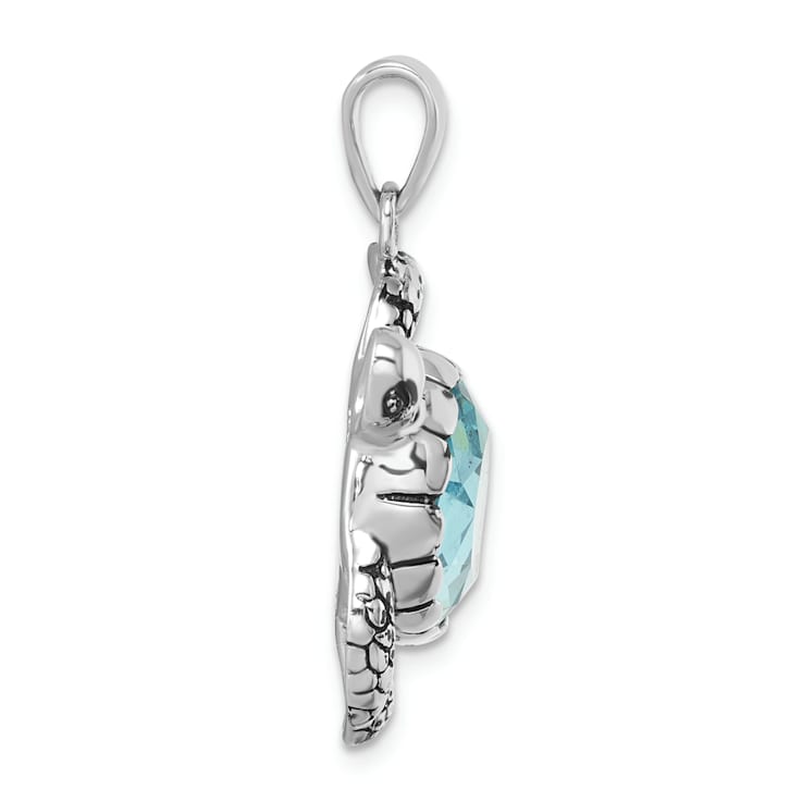 Rhodium Over Sterling Silver Antiqued Blue Crystal Turtle Pendant