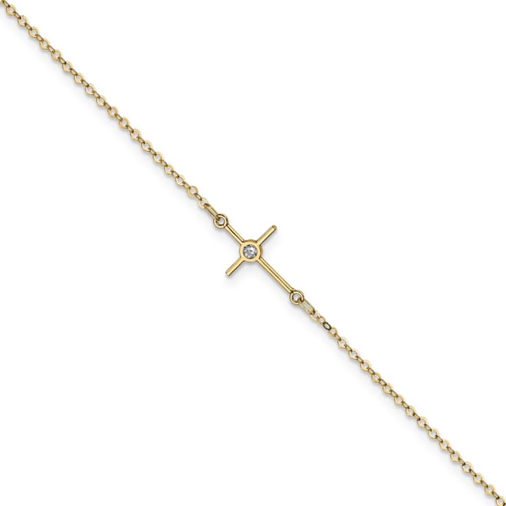 14K Yellow Gold Polished CZ Cross Anklet