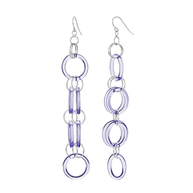 Rhodium Over Sterling Silver Purple Acrylic Circle Links Drop and Dangle Earrings