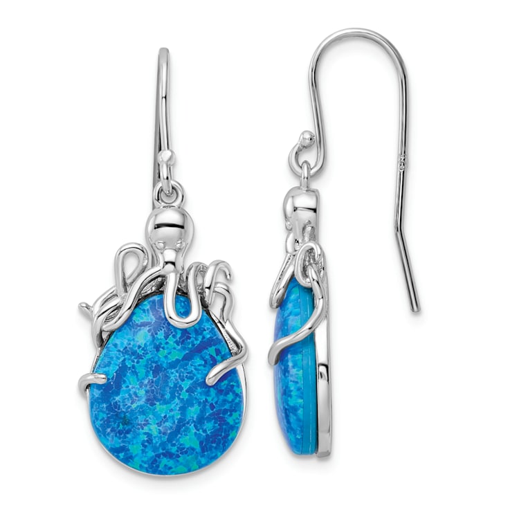Rhodium Over Sterling Silver Lab Created Opal Octopus Dangle Earrings