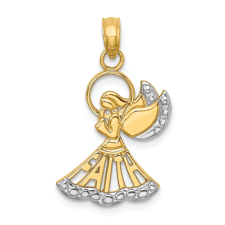 14k Yellow Gold and Rhodium Over 14k Yellow Gold Polished Textured Angel
with Faith Charm