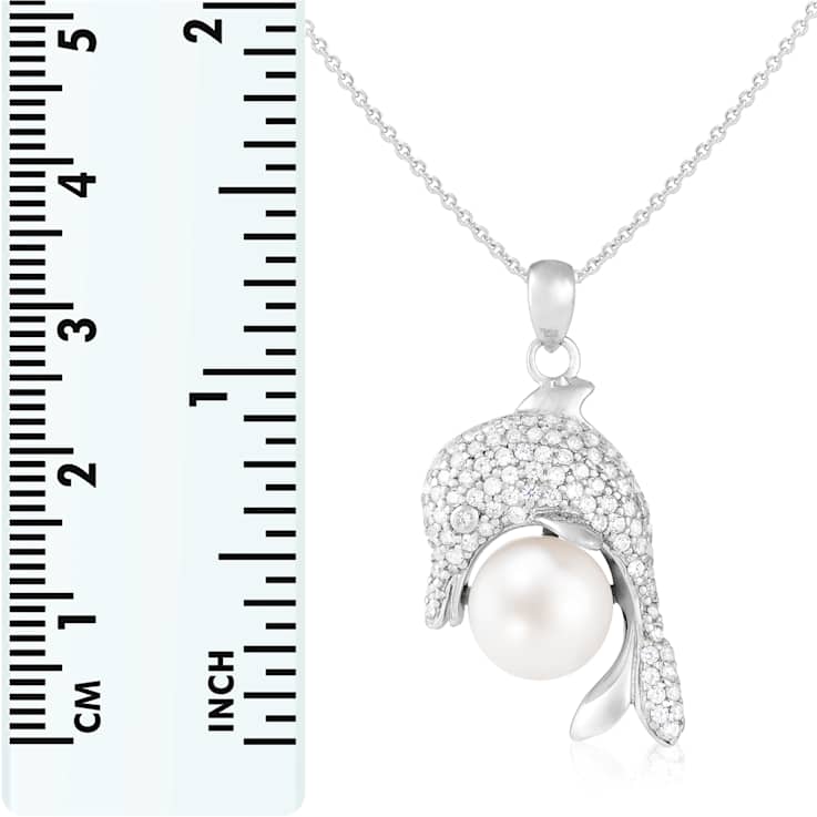 10-11mm Button White Cultured Freshwater Pearl and CZ Rhodium Over
Sterling Silver Pendant