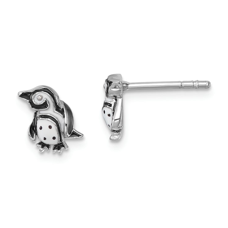 Rhodium Over Sterling Silver Polished Enamel Penguin Post Earrings