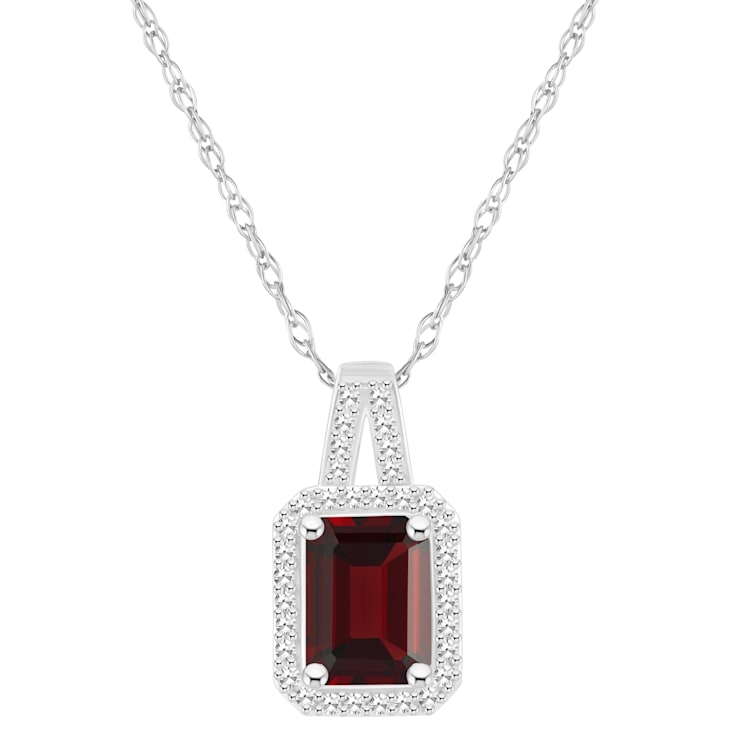 8x6mm Emerald Cut Garnet 1/6 ctw Diamond Rhodium Over Sterling Silver
Halo Pendant with Chain