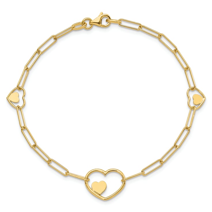 14K Yellow Gold Paperclip Link Heart 7.25-inch Bracelet