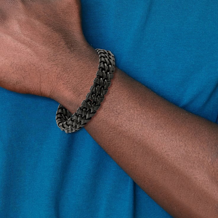 Black Leather and Stainless Steel Brushed Black IP-plated 8.5-inch Bracelet