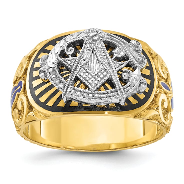 10K Two-Tone Yellow and White Gold Men's Textured and Enameled Masonic
Blue Lodge Ring