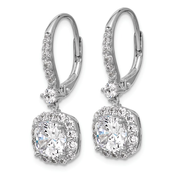 Rhodium Over Sterling Silver Cushion-cut Cubic Zirconia Halo Dangle
Leverback Earrings