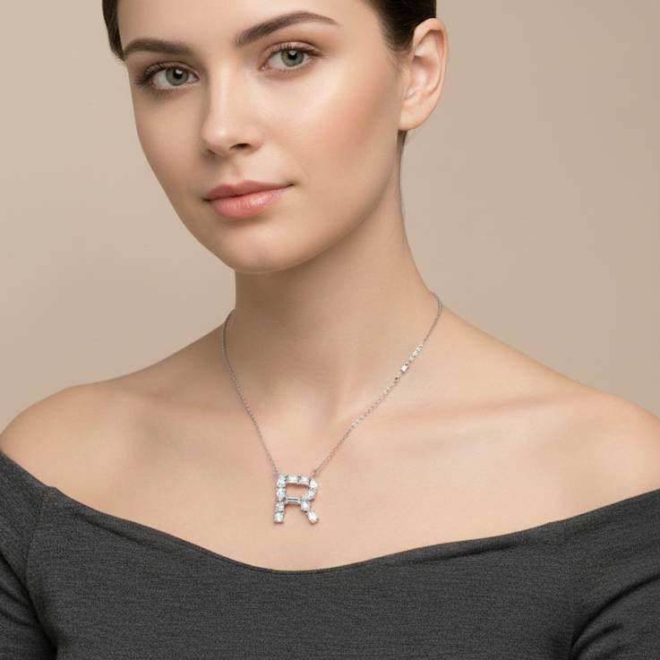 Initial R Mixed Cut CZ Pendant Necklace In Sterling Silver 18 Inch