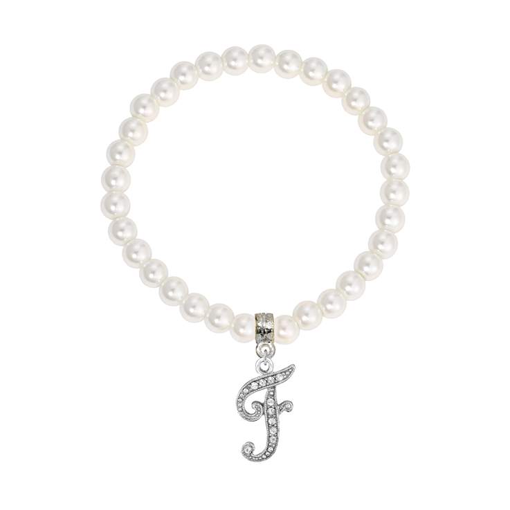 White Faux Pearl Bead Initial Charm Stretch Bracelet