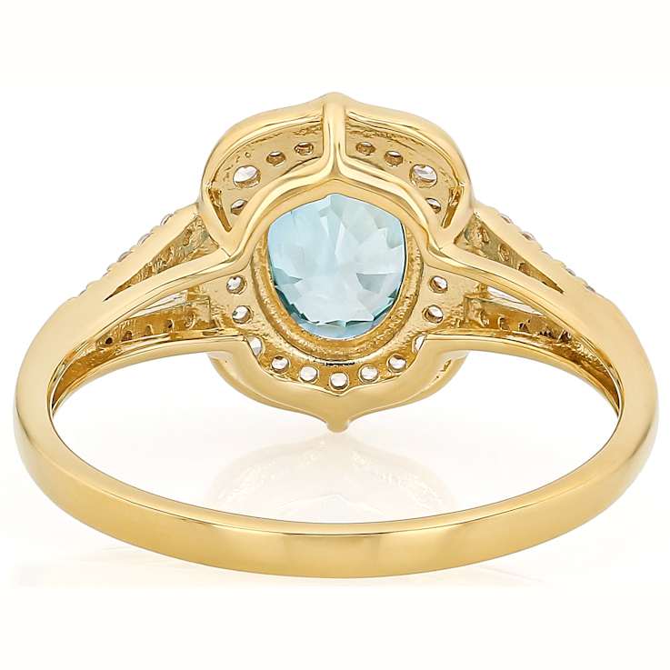 Blue Zircon And White Zircon Oval Ring In 18K Gold Over Sterling Silver 2.23ctw