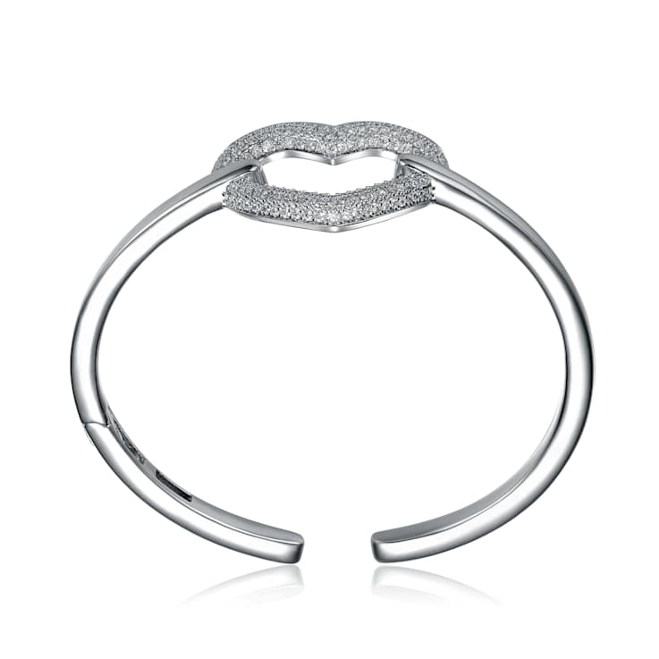 Heart Motif CZ Pave Cuff Bracelet In Sterling Silver