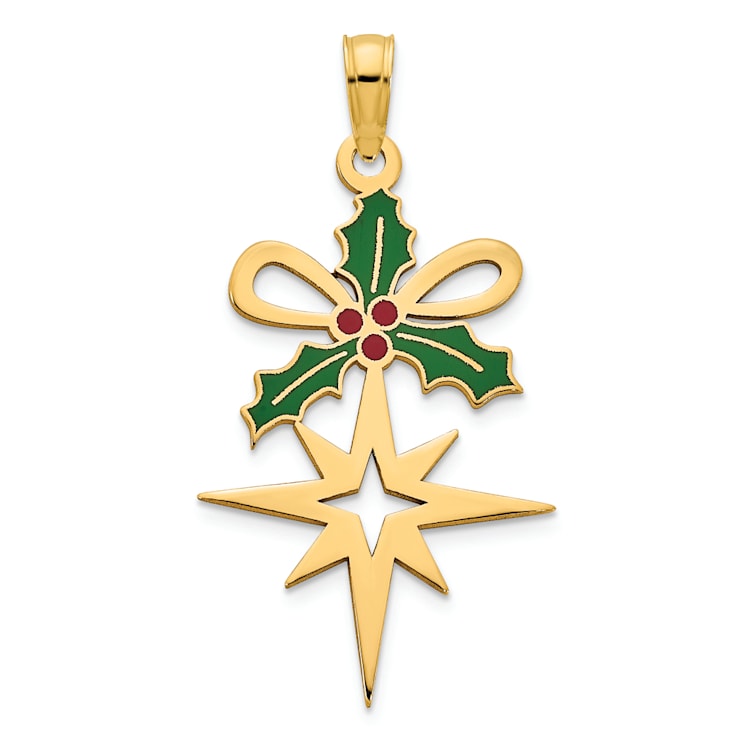 14k Yellow Gold Polished Epoxy Holly and North Star Pendant