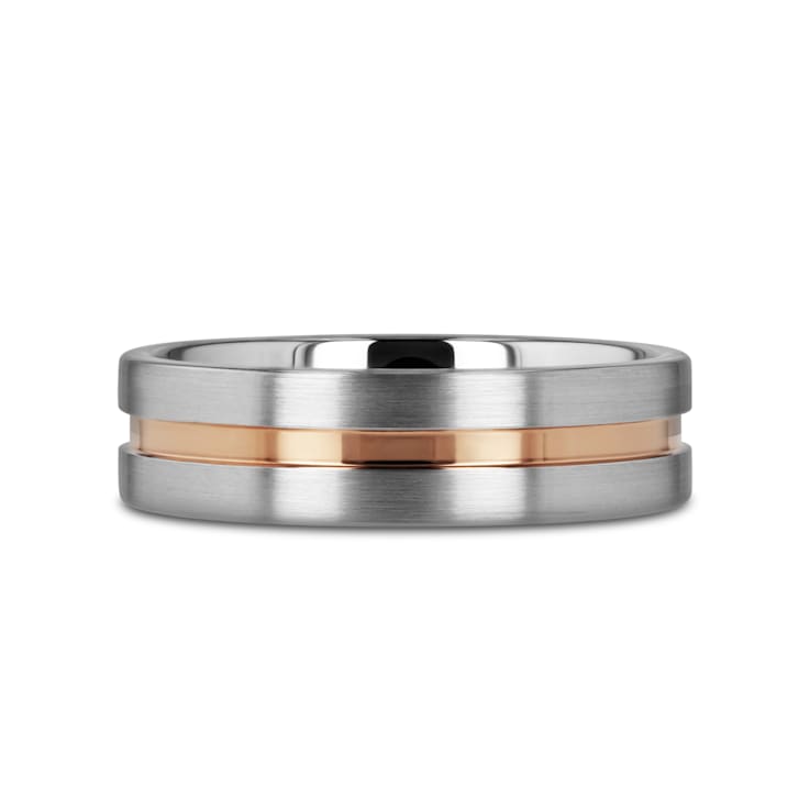 ZEUS Flat Brushed Finish Tungsten Carbide Ring with Rose Gold Plated
Groove- 6mm