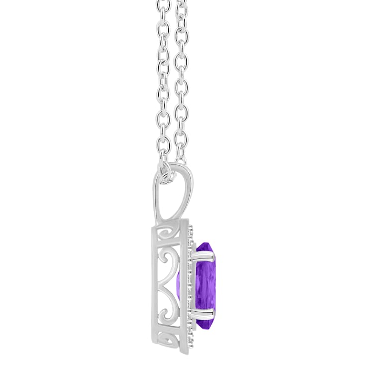 8x6mm Oval Amethyst 1/8 ctw Diamond Rhodium Over Sterling Silver Halo
Pendant with Chain