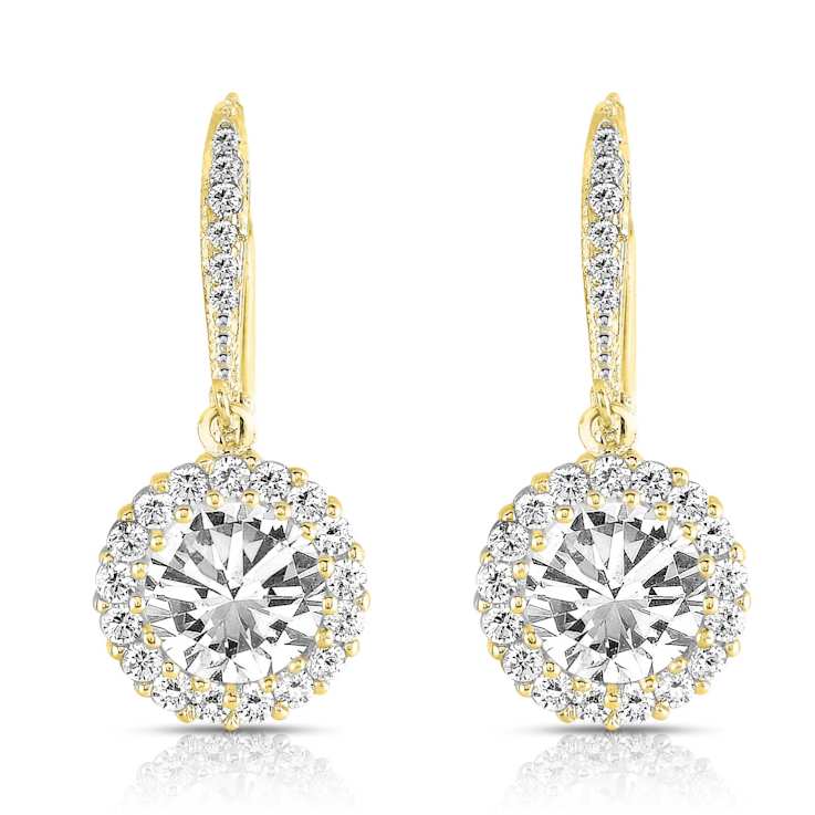CZ Halo Drop Earrings In 14K Gold Over Sterling Silver