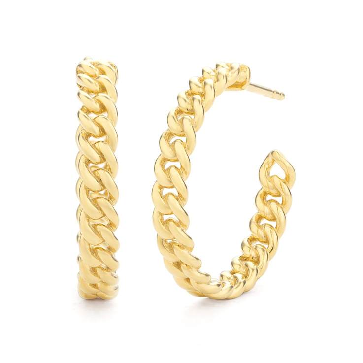 Curb Link J-Hoop Earrings In 14K Gold Over Sterling Silver