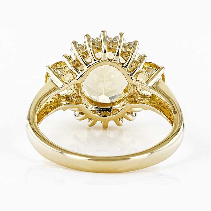 Yellow Beryl Oval And White Diamond Three-Stone Ring In Solid 14K Yellow
Gold 2.52ctw